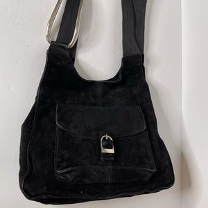 Purse black leather shoulder straps silver metal accent